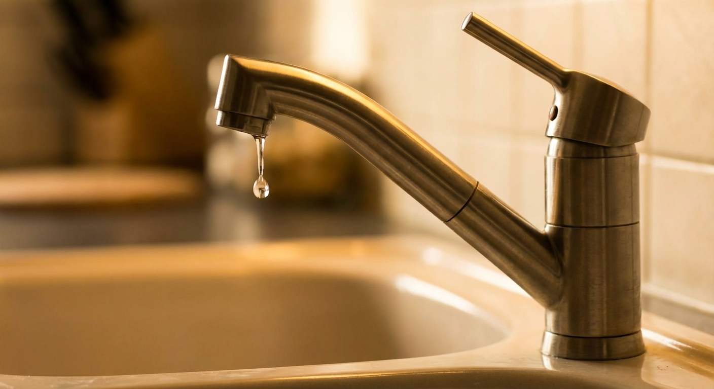 A real stainless steel single-handle kitchen faucet dripping into a sink basin under warm kitchen lighting, close-up photo with shallow depth of field