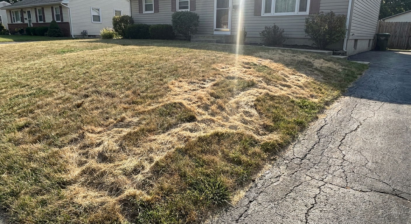A real suburban front lawn with irregular straw-colored dead patches spreading through a sunny, dry area near a driveway, natural daylight