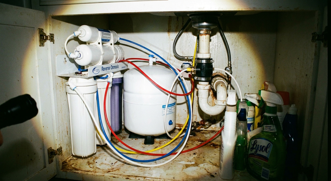 A real under-sink cabinet showing a reverse osmosis system with tubing and a drain connection, photographed with a flashlight