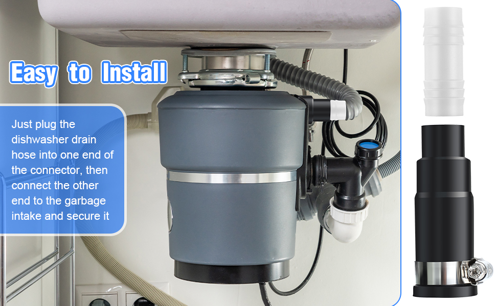 A real under-sink photo showing a dishwasher drain hose clamped to the side inlet of a garbage disposal