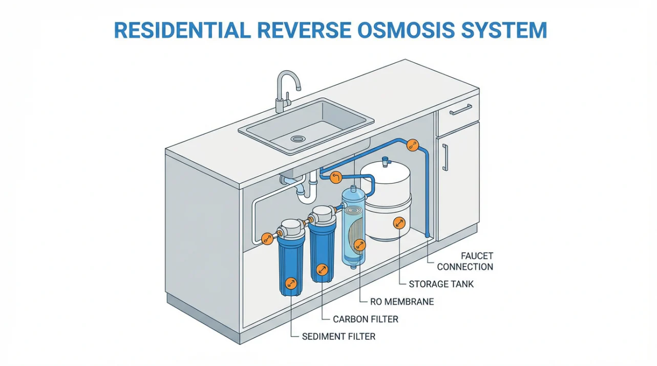 A real under-sink reverse osmosis system with the storage tank, filter housings, and color-coded tubing visible inside a kitchen cabinet, photographed with the cabinet doors open