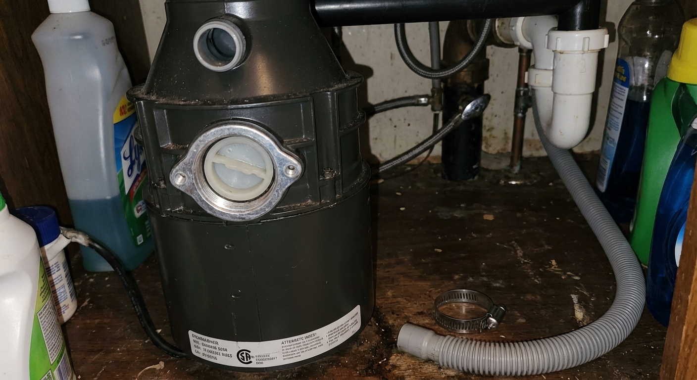 A real under-sink view of a garbage disposal showing the dishwasher inlet nipple where the knockout plug would be removed, with a drain hose and clamp nearby