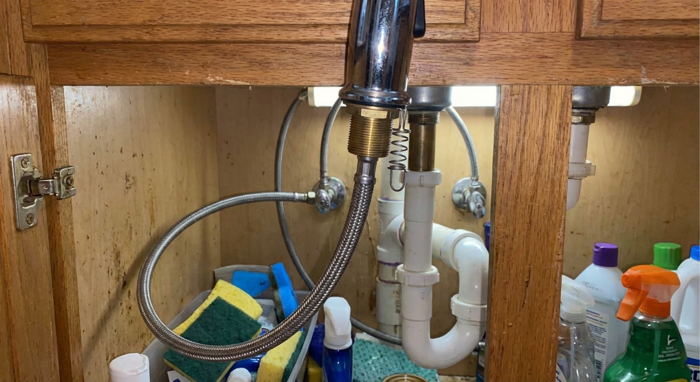 A real under-sink view showing a side sprayer hose connected to the faucet with a threaded coupling and a small clip, photographed inside a kitchen cabinet