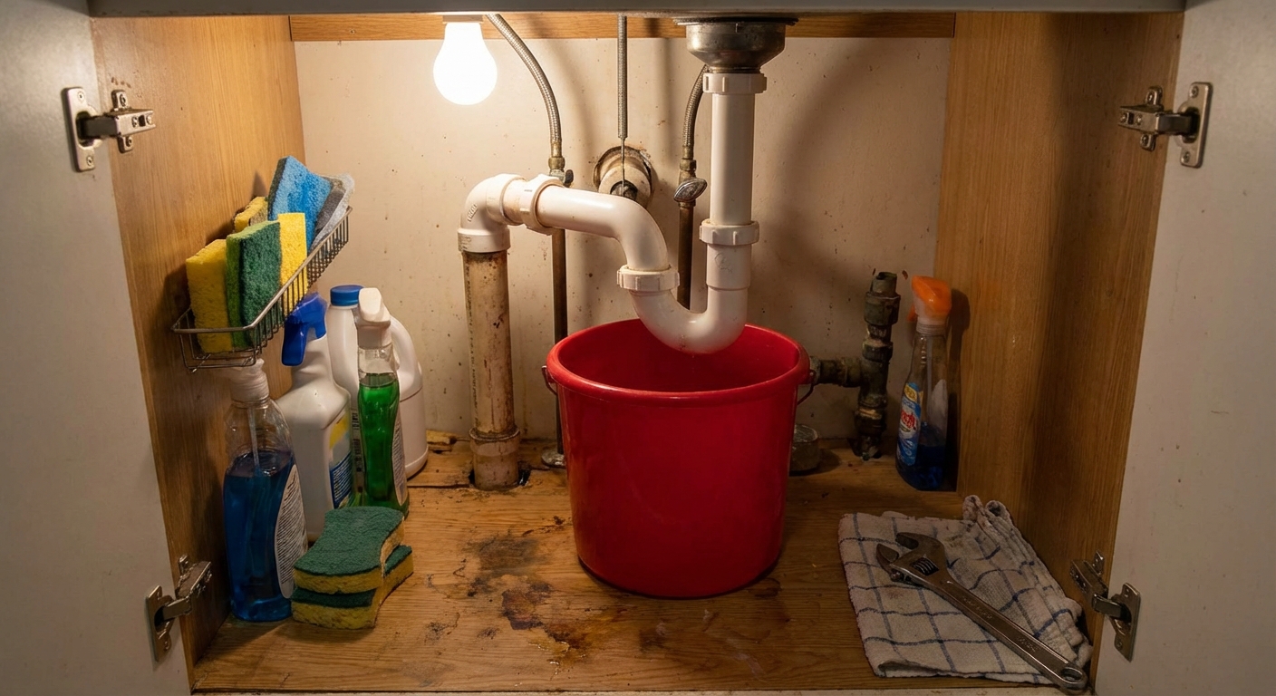 A real under-sink view showing a white PVC P-trap with a bucket positioned underneath