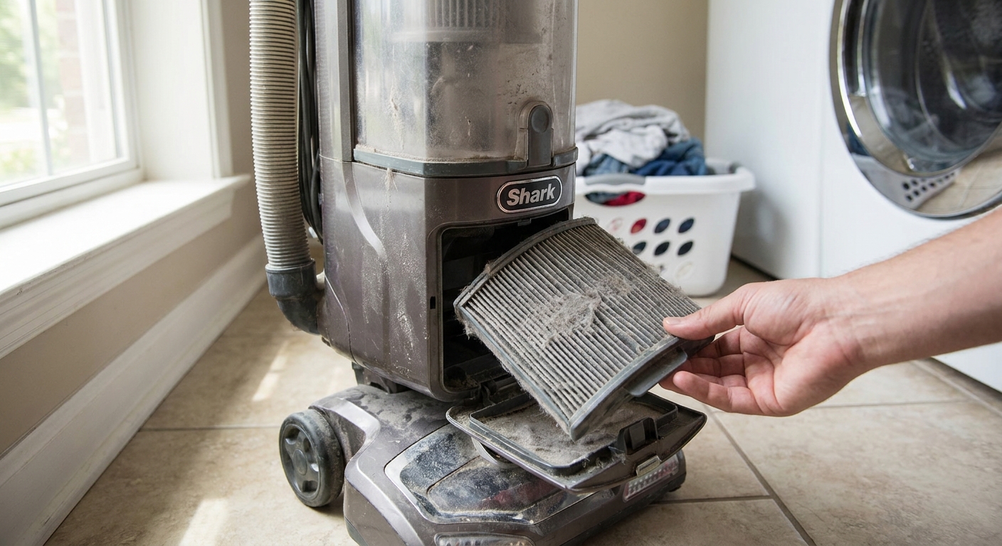 A real upright vacuum cleaner on a laundry room floor with the filter cover open and a dusty pleated filter partially removed, natural indoor lighting