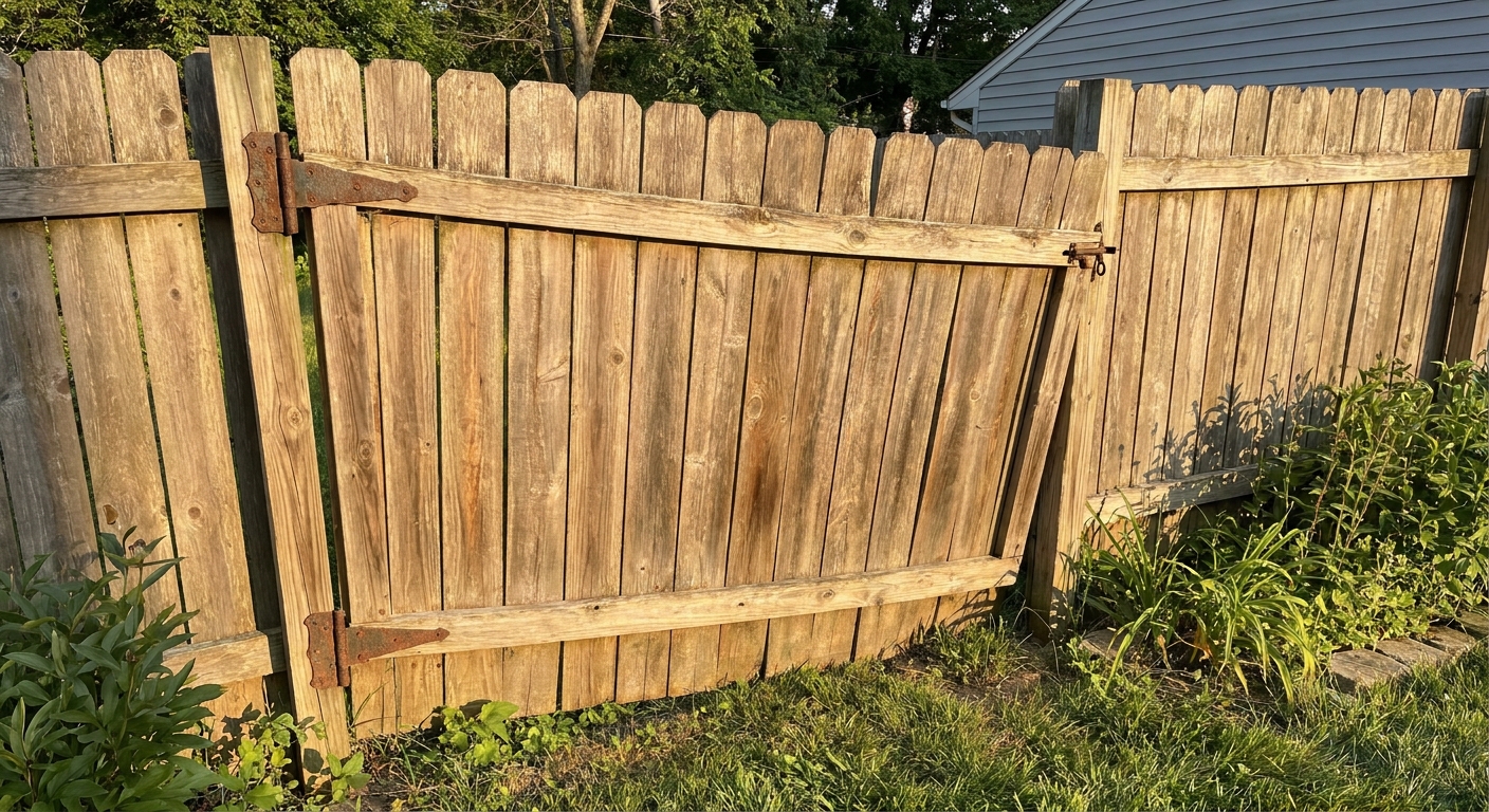 A real wooden privacy fence gate in a backyard sagging downward on the latch side with visible hinges on the hinge post, natural afternoon light