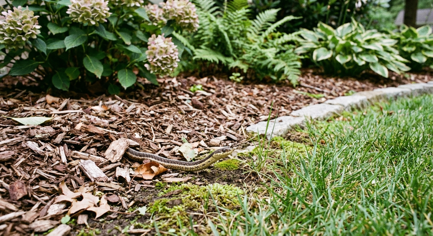 A realistic backyard scene with a small snake partially visible near the edge of a lawn by a mulch bed and shrubs, photographed at ground level in natural daylight