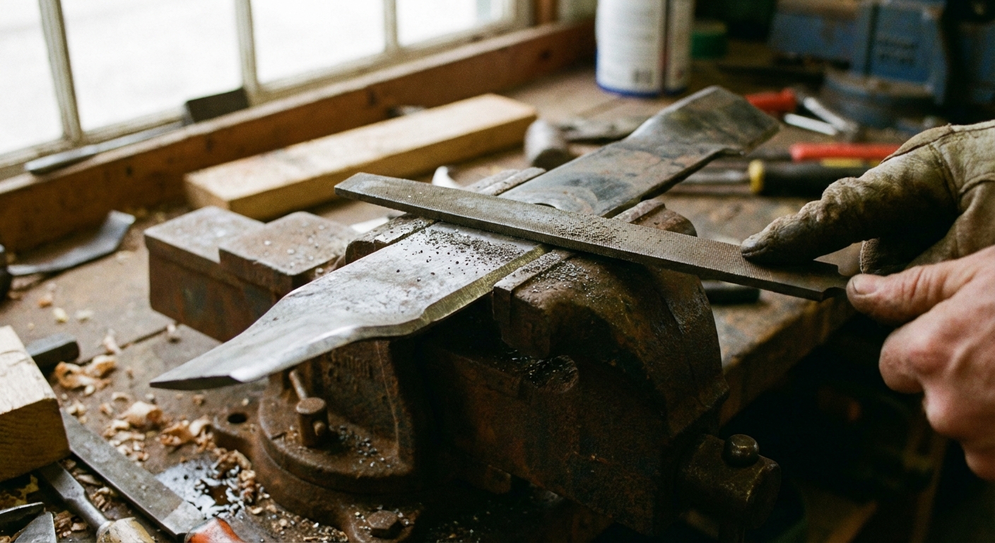 A realistic close-up photo of a lawn mower blade clamped in a bench vise while a hand file is pushed along the bevel at the cutting edge, small metal filings visible