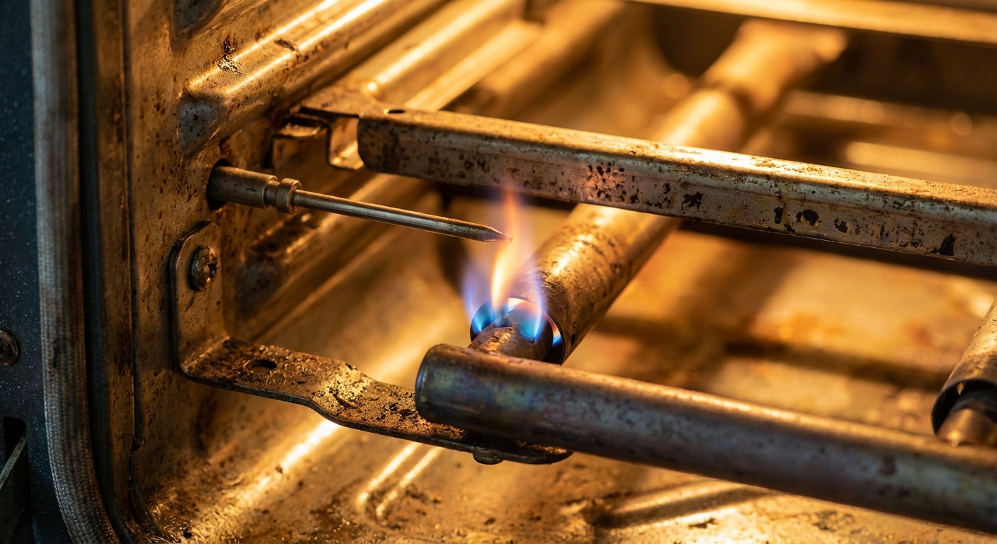 A realistic close-up photograph inside a gas oven showing the thermocouple probe positioned next to the pilot flame area, with burner tube and metal brackets visible, warm indoor lighting