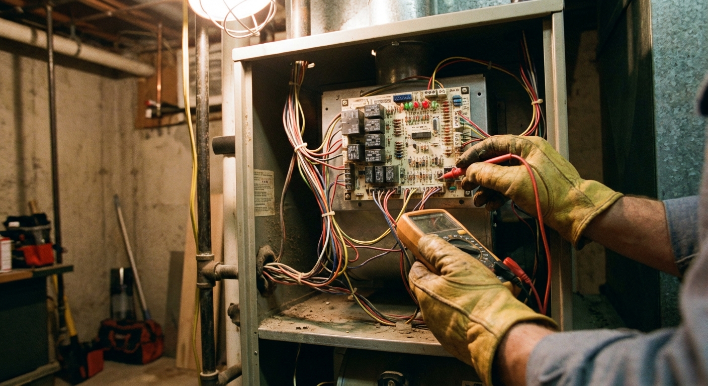 A realistic close-up photograph of an HVAC technician’s gloved hands inspecting a furnace control board inside an open furnace cabinet in a basement, with wiring visible and soft workshop lighting