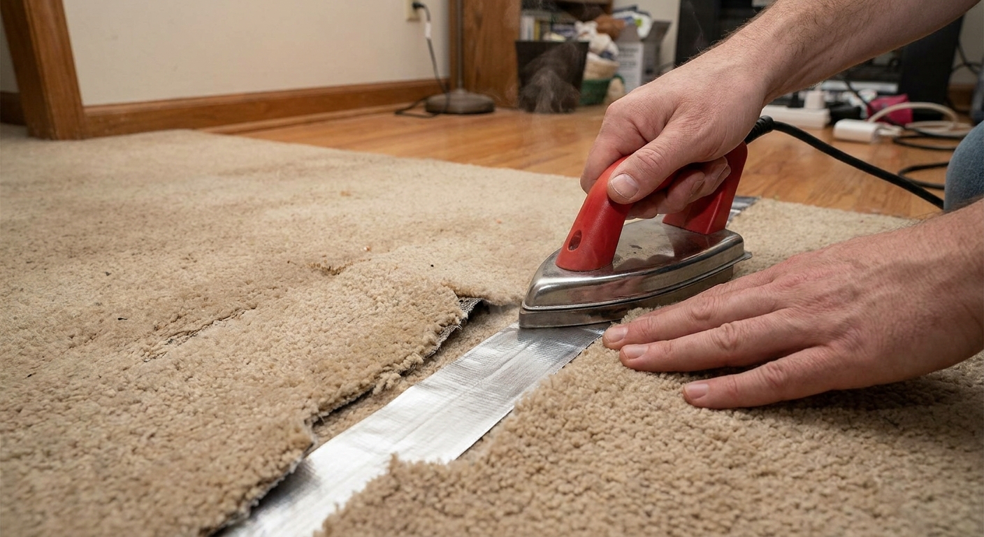 A realistic indoor photo of a seaming iron being used on heat-bond seam tape under a carpet tear while the carpet edges are pressed together