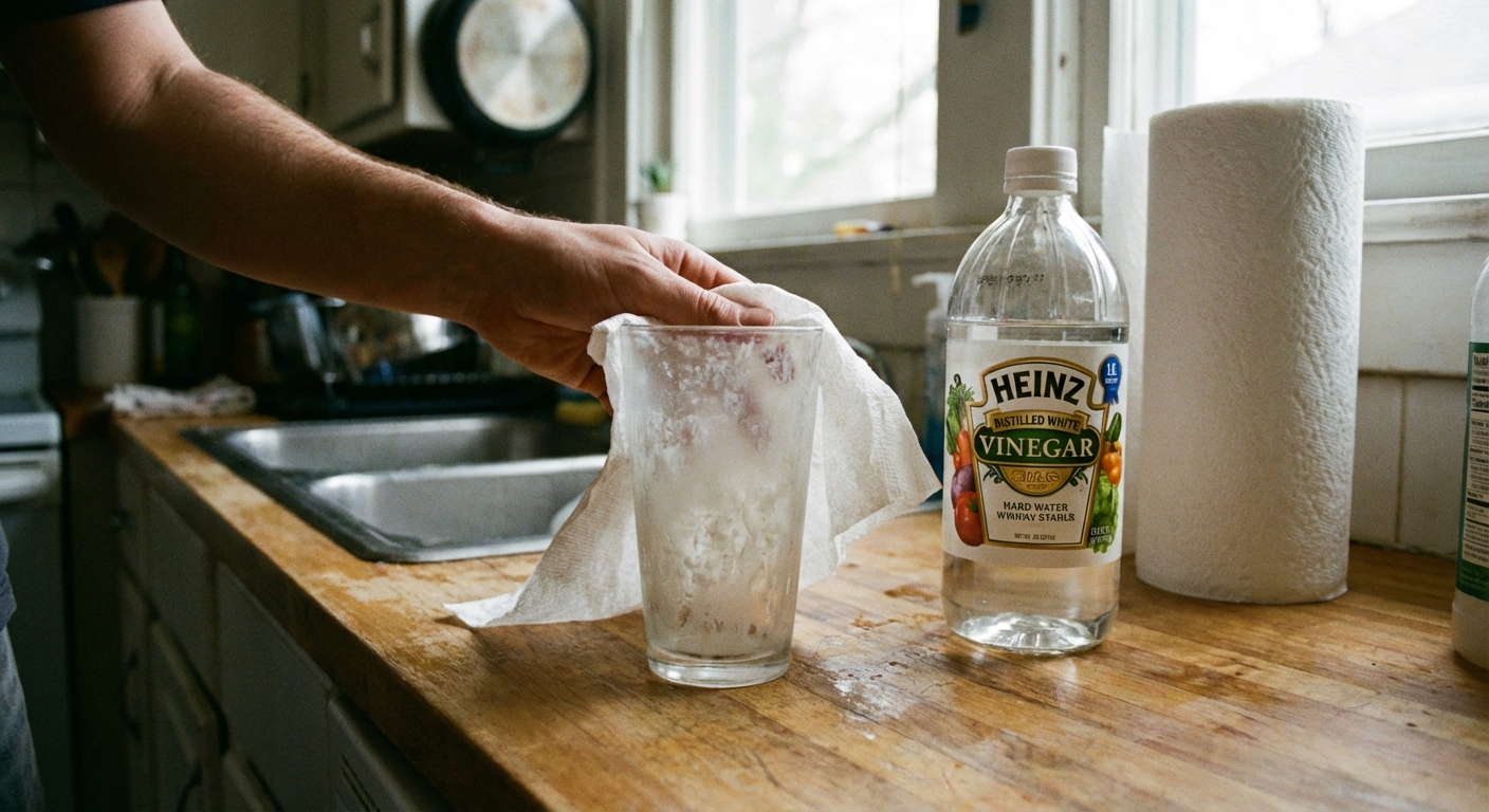 A realistic kitchen photo of a hand wrapping a paper towel soaked in white vinegar around a cloudy drinking glass on a countertop, with a vinegar bottle nearby