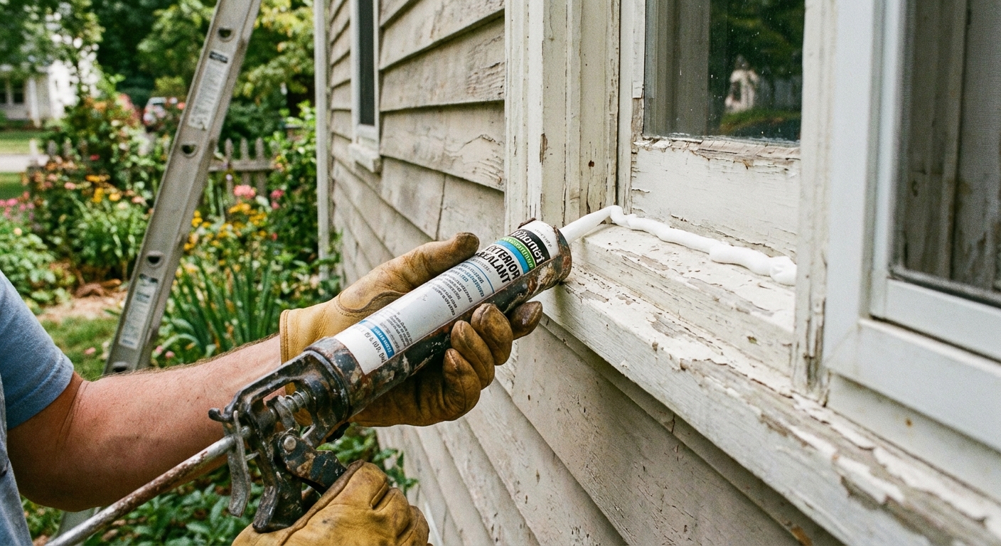 A realistic outdoor photo of a homeowner's gloved hand applying a bead of exterior caulk along a window trim joint on a house, with a caulk gun in frame and siding visible in the background
