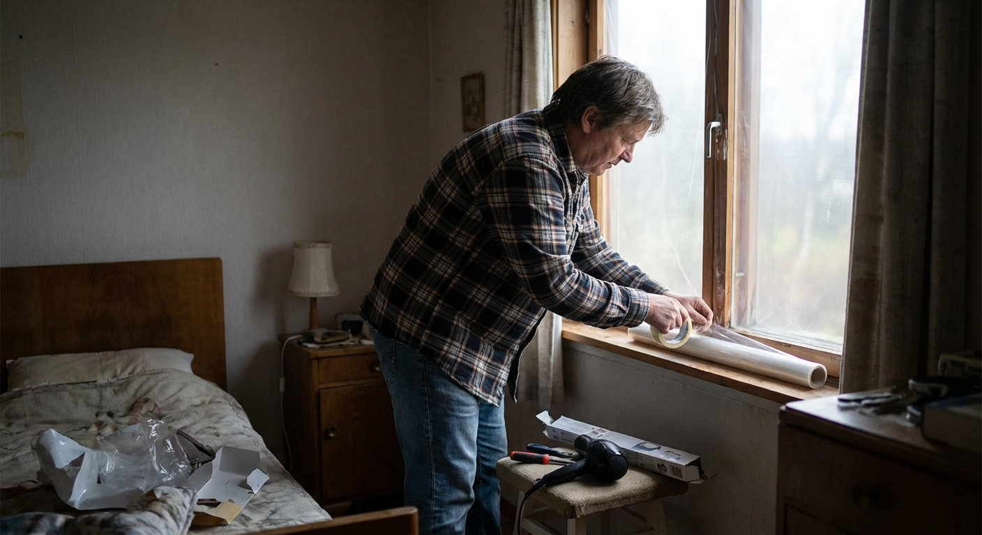 A realistic photo of a homeowner applying clear plastic window insulation film to an interior window frame with double-sided tape, in a modest bedroom with soft daylight