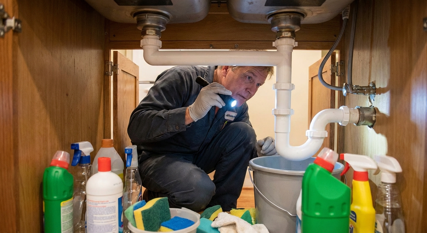 A realistic photo of a homeowner crouched under a kitchen sink using a flashlight to inspect the P-trap and slip joints for moisture, with cleaning supplies and the cabinet interior visible