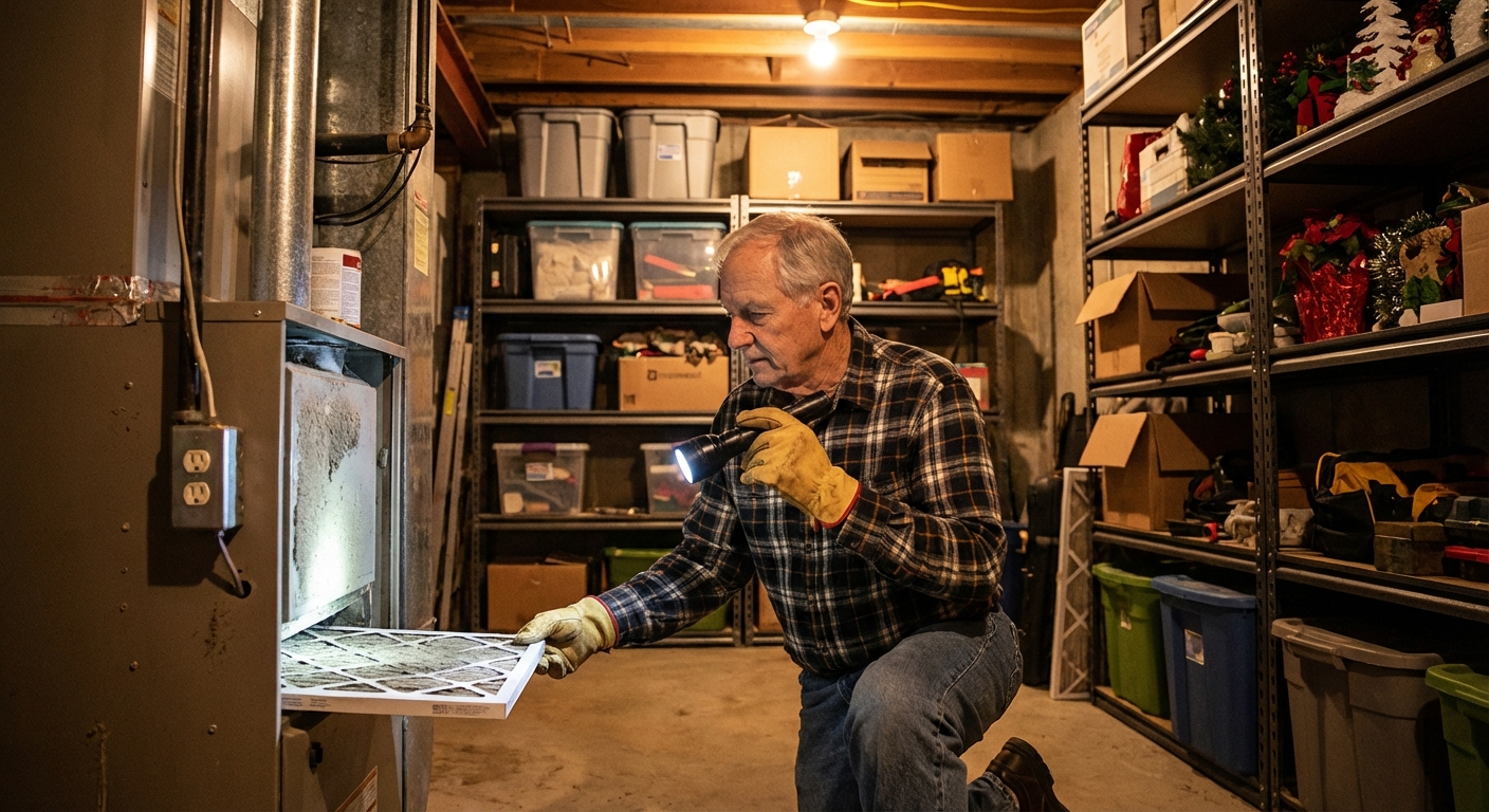 A realistic photo of a homeowner in a basement using a flashlight to check a furnace area and replace a filter, with shelves and typical home storage in the background, warm indoor lighting