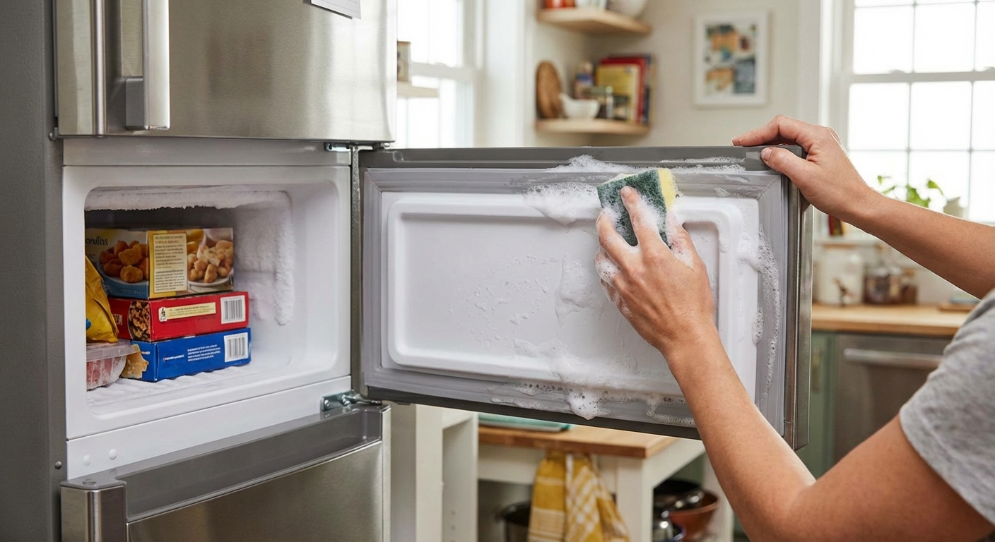 A realistic photo of a person wiping a refrigerator freezer door gasket with a soapy sponge, with the door open and the rubber seal visible along the edge