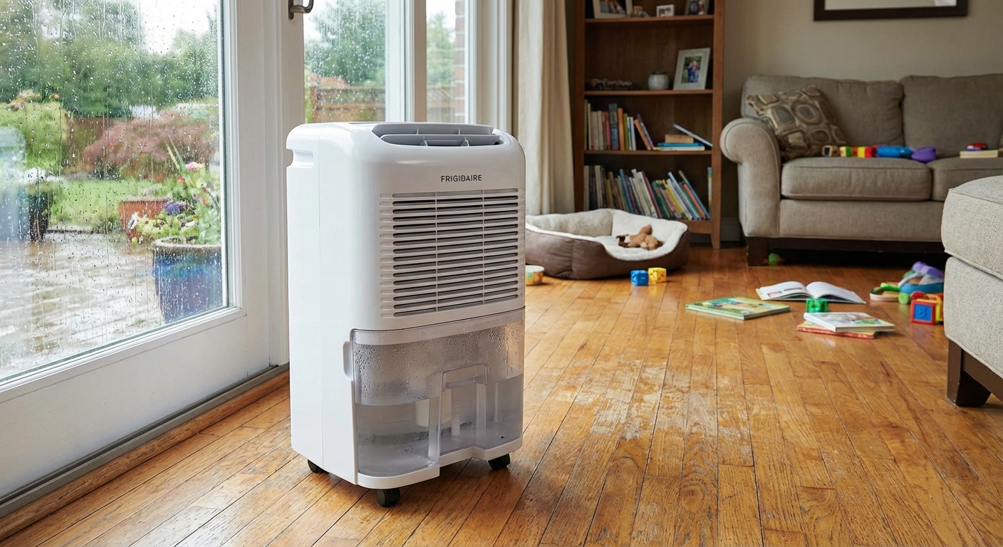 A realistic photo of a portable dehumidifier running on a hardwood floor near a window in a lived-in family room, with a full water bucket visible