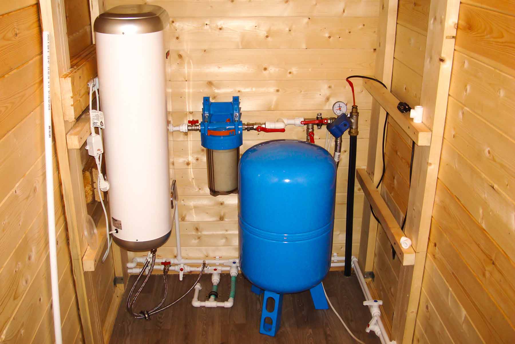 A realistic photo of a residential well pressure tank with a pressure gauge and piping connections in a basement utility corner