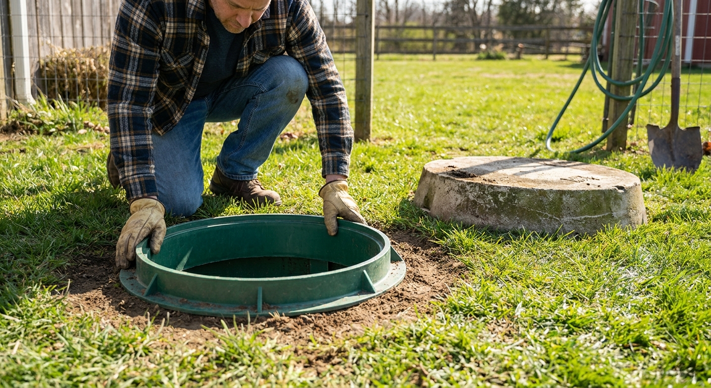 A realistic photo of a septic riser lid at ground level with a protective cover nearby, showing a homeowner kneeling beside it without opening it, inspecting the edges