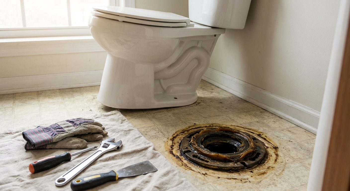A realistic photo of a toilet lifted off the floor in a bathroom with a visible toilet flange on the floor and an old wax ring residue around the opening, tools nearby, natural indoor lighting