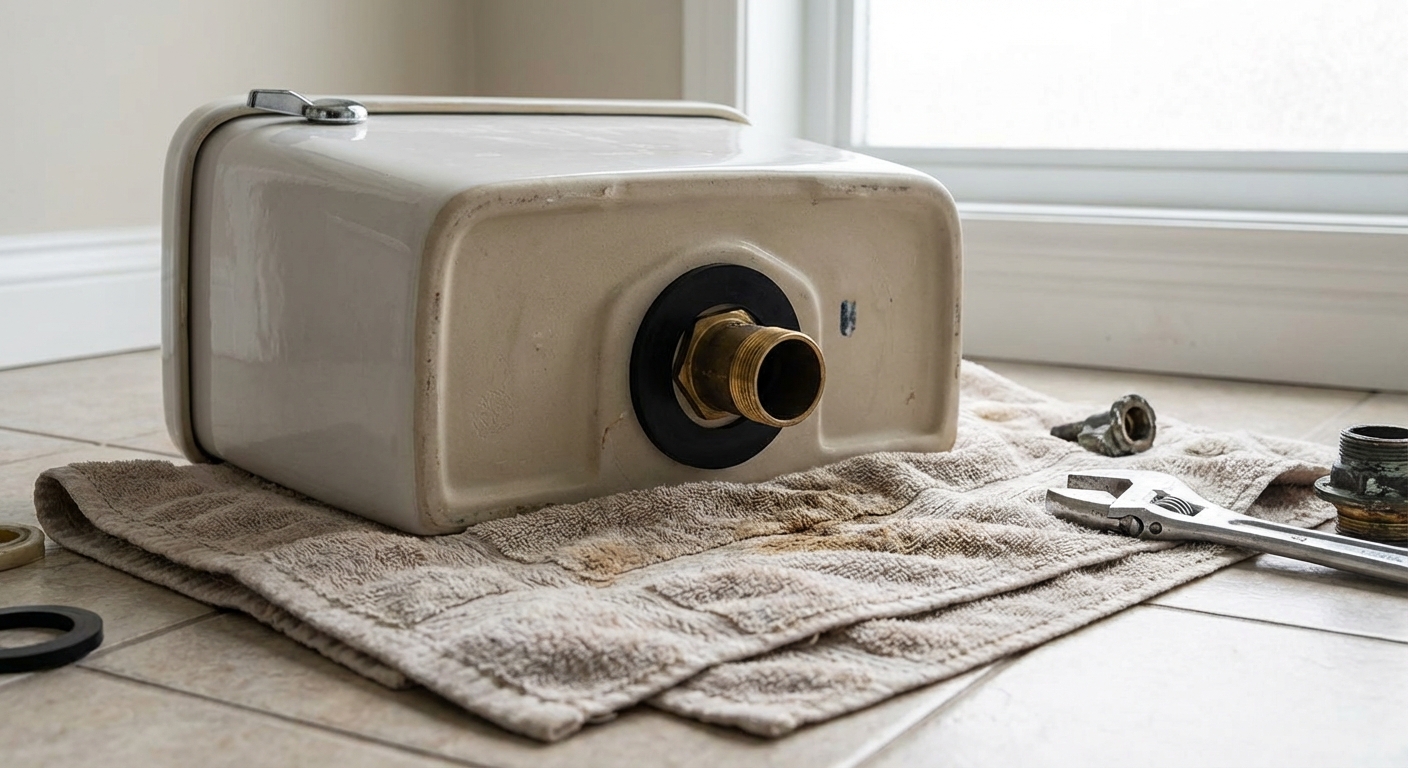 A realistic photo of a toilet tank sitting on a towel on the bathroom floor with a new black rubber spud washer positioned on the flush valve outlet underneath the tank, close-up view with soft natural lighting