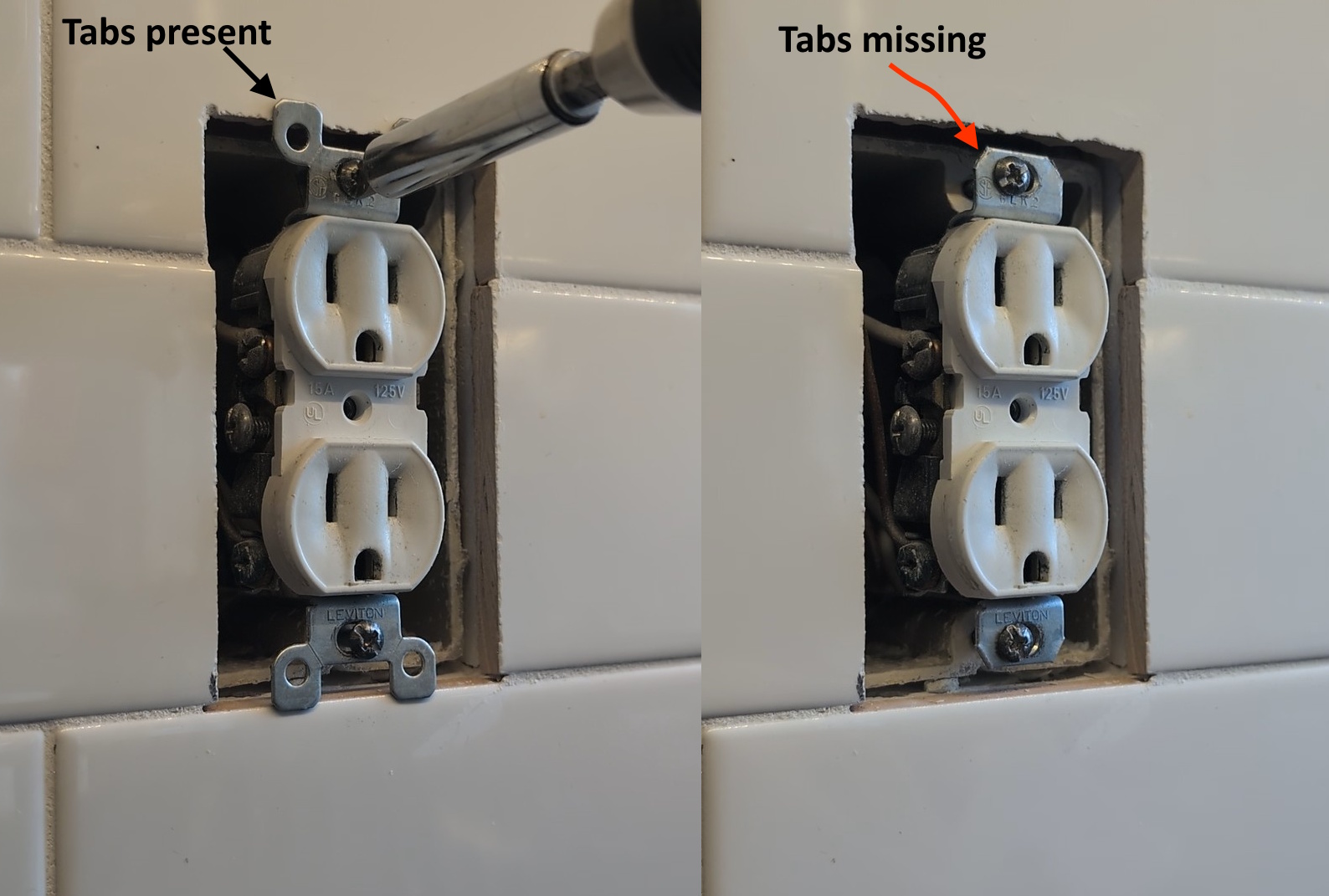 A realistic photo of a wall outlet partially pulled from an electrical box with the breaker off, showing insulated wires and mounting screws in a home wall