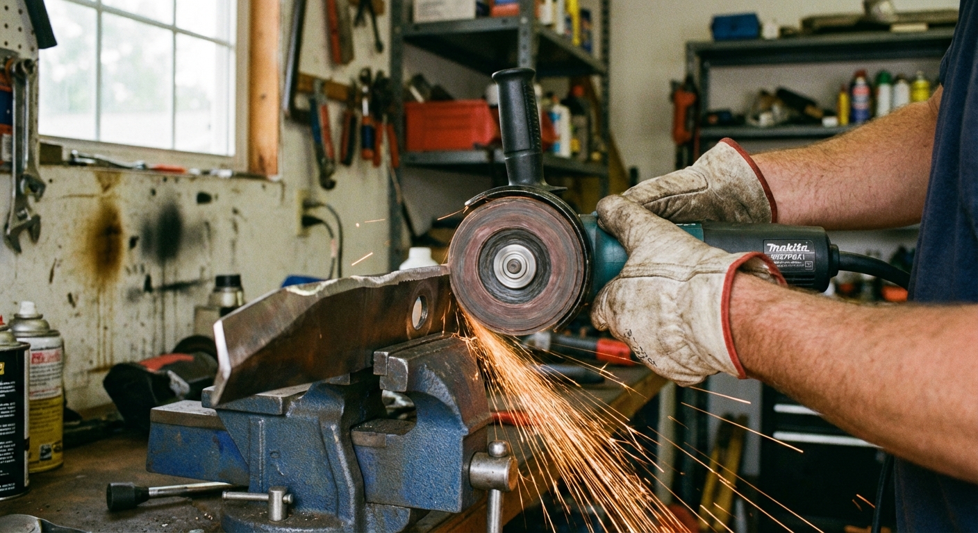 A realistic photo of an angle grinder with a flap disc smoothing the bevel of a mower blade clamped to a workbench, sparks visible, garage workshop background
