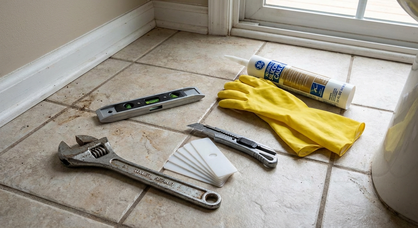 A realistic photo of basic toilet repair tools laid out on a bathroom floor: adjustable wrench, small level, utility knife, plastic toilet shims, rubber gloves, and a tube of silicone caulk
