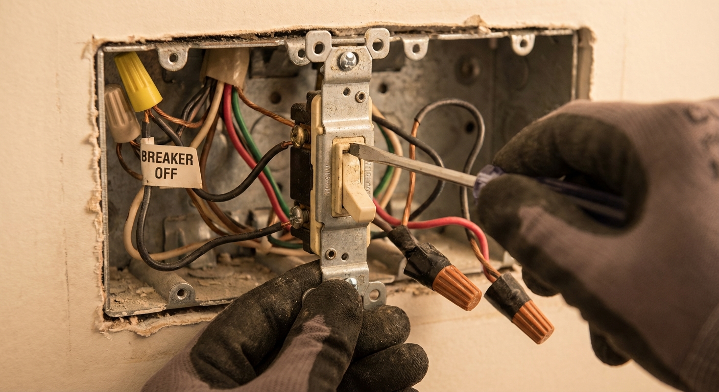 A realistic photo of hands using a screwdriver to tighten a terminal screw on a three-way light switch in a wall box, with the breaker off and wires visible in the box, warm indoor lighting, DIY home repair scene