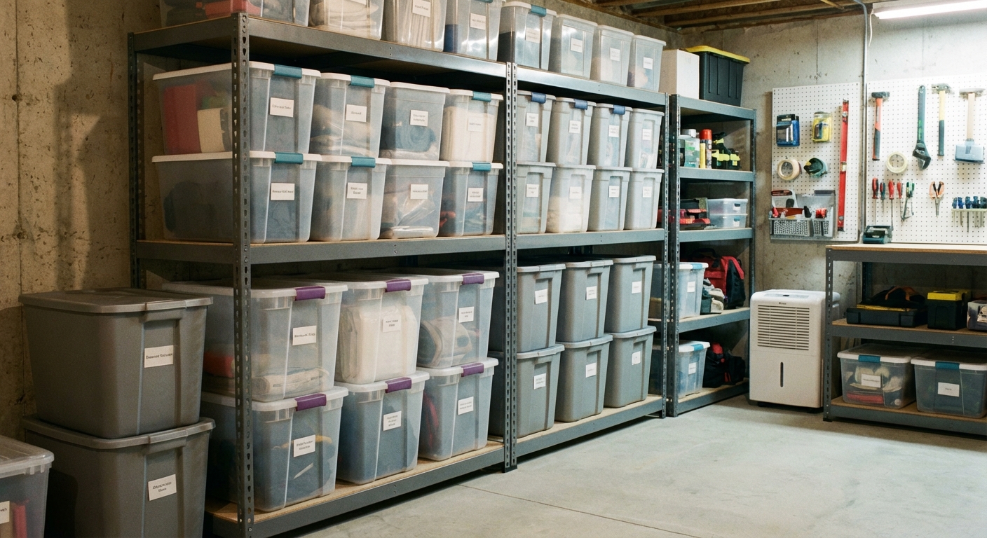 A realistic photo of lidded plastic storage bins stacked on a basement shelving unit, concrete wall in the background, clean organized storage area