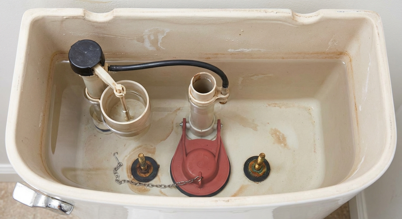 A realistic photo taken from above of an open toilet tank showing the fill valve on the left, flush valve in the center, flapper at the bottom, and two tank bolts at the base, bright even lighting