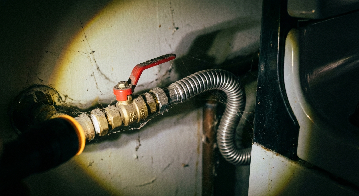 A realistic photograph of a gas shutoff valve behind a kitchen range with the flexible gas connector visible, shot with a flashlight-like glow and clear focus