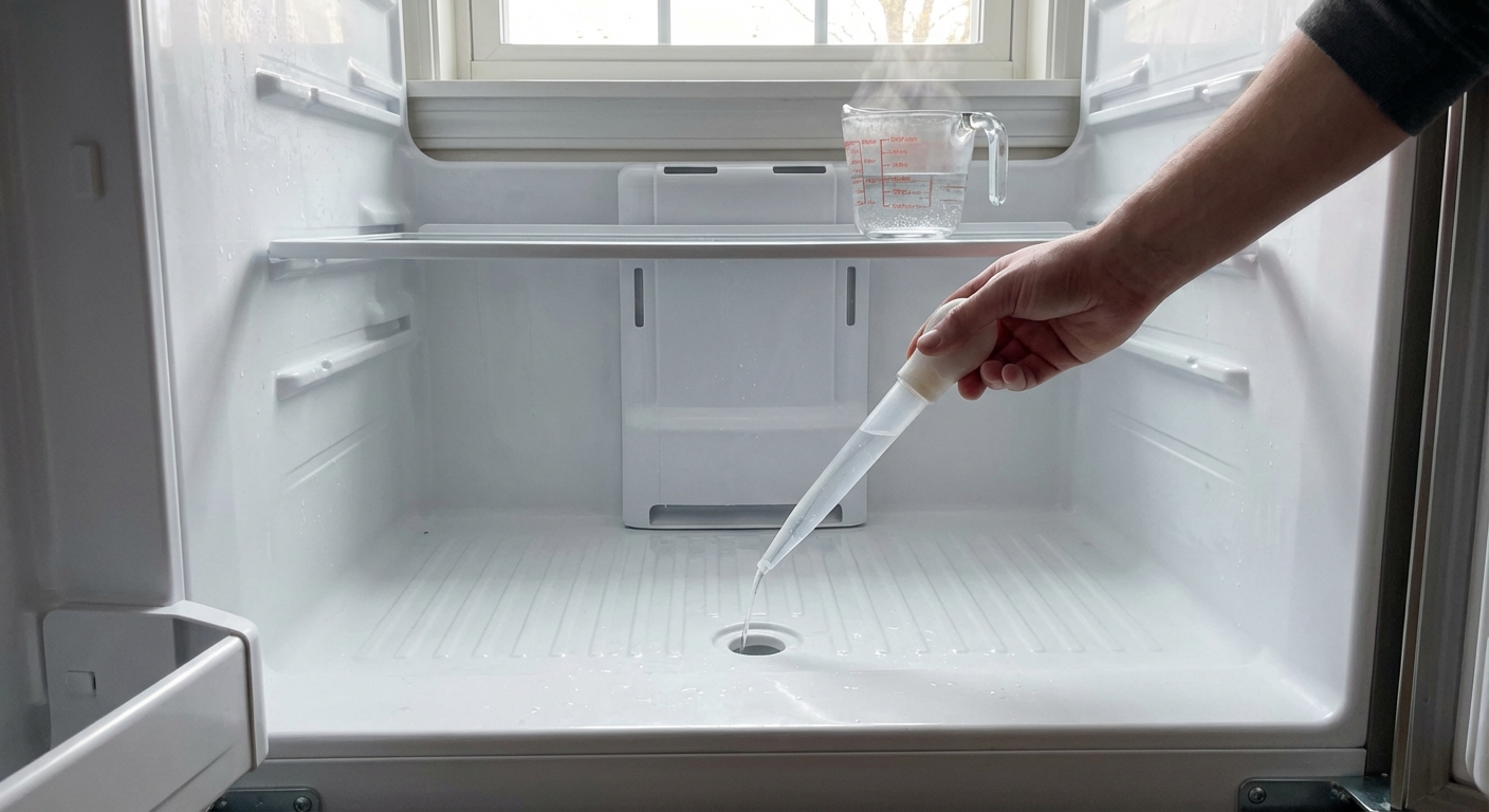 A refrigerator interior with the bottom drawers removed, showing the rear interior panel and a person using a turkey baster to flush warm water into a small drain opening at the bottom, photorealistic, natural indoor lighting