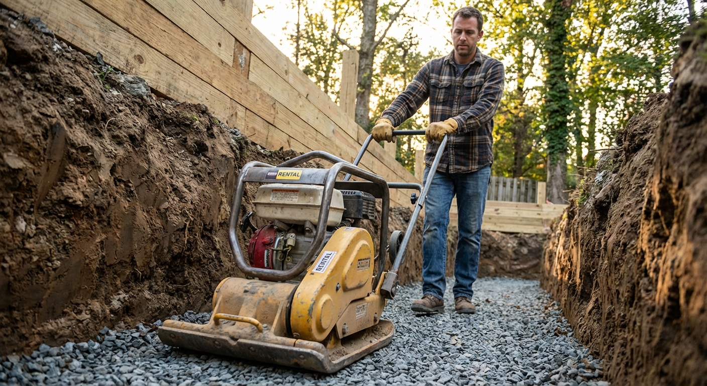 A rented plate compactor running over a crushed stone base in a narrow trench for a retaining wall, with a homeowner holding the handles, realistic outdoor photo