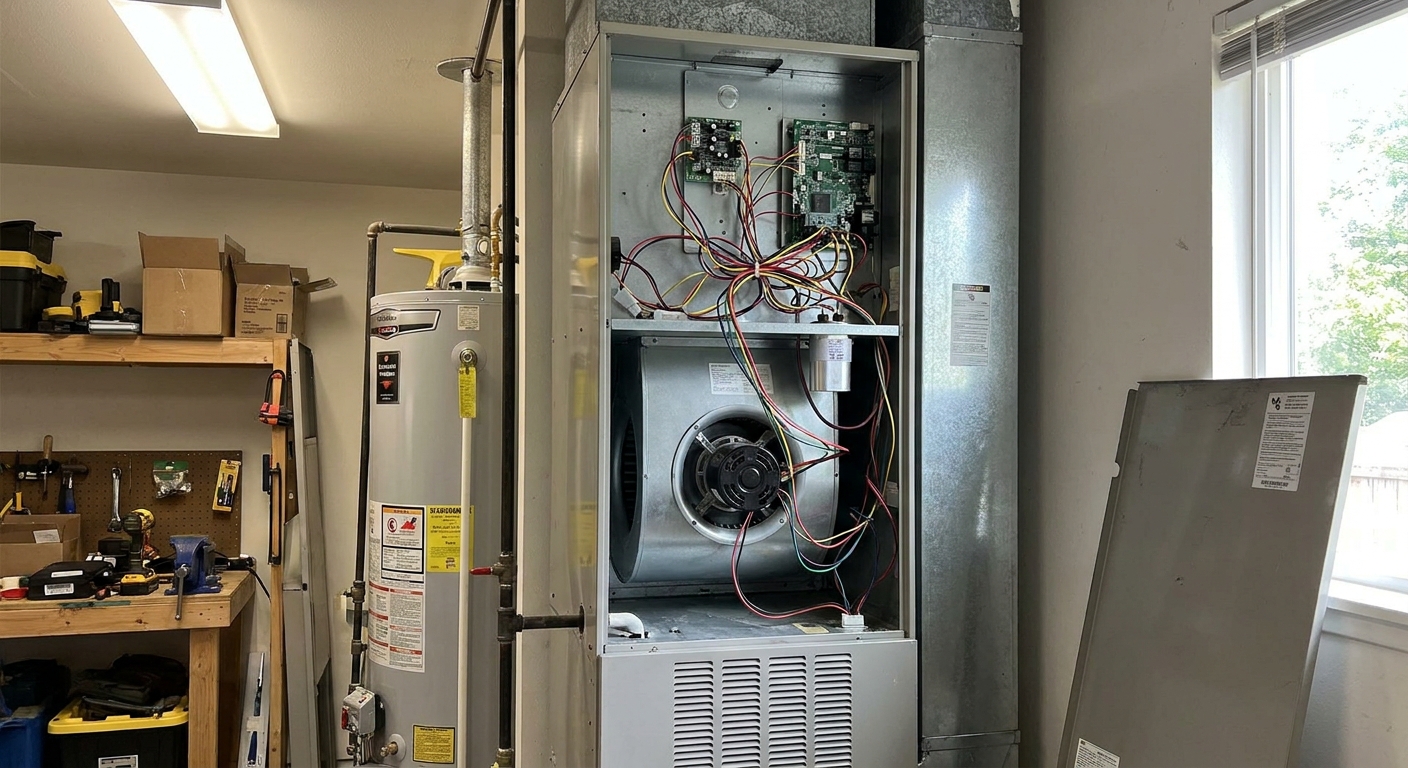 A residential HVAC air handler with the front access panel removed, showing the blower compartment and wiring area in a home garage setting, real photo