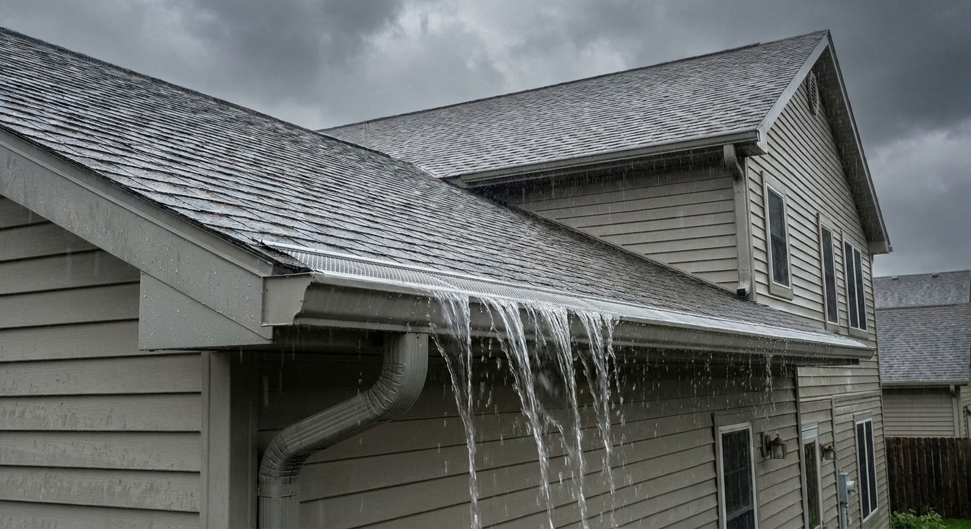 A residential aluminum gutter with gutter guards installed, overflowing during a rainstorm along the roof edge, real photograph
