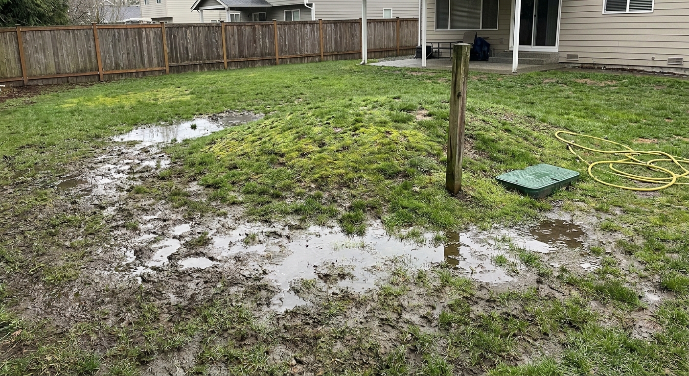 A residential backyard with a visibly soggy patch of grass and shallow standing water near a septic drainfield area, real photo
