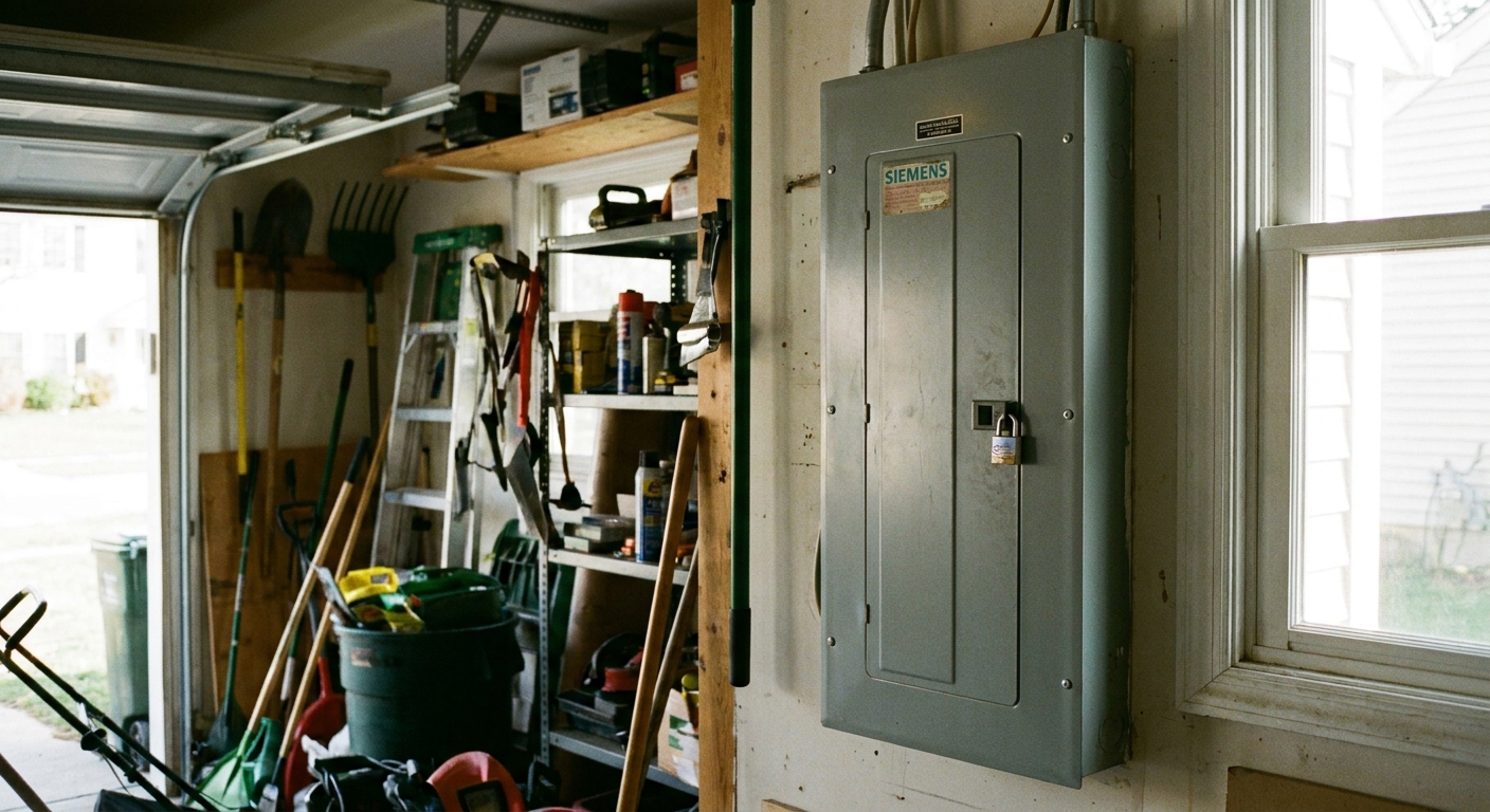 A residential electrical breaker panel mounted on a garage wall with the metal door closed, photographed in natural light