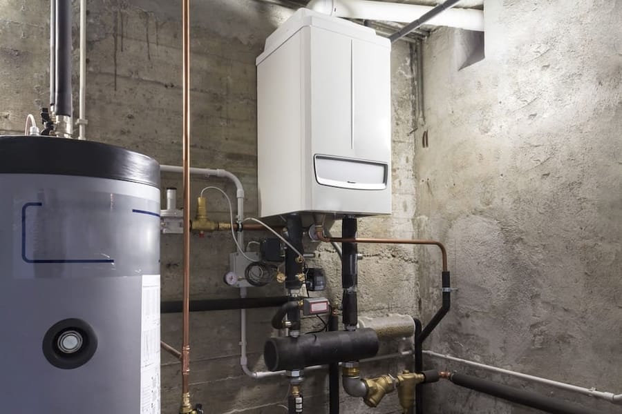 A residential gas boiler mounted on a basement wall with copper piping and a nearby pressure gauge, real photo style