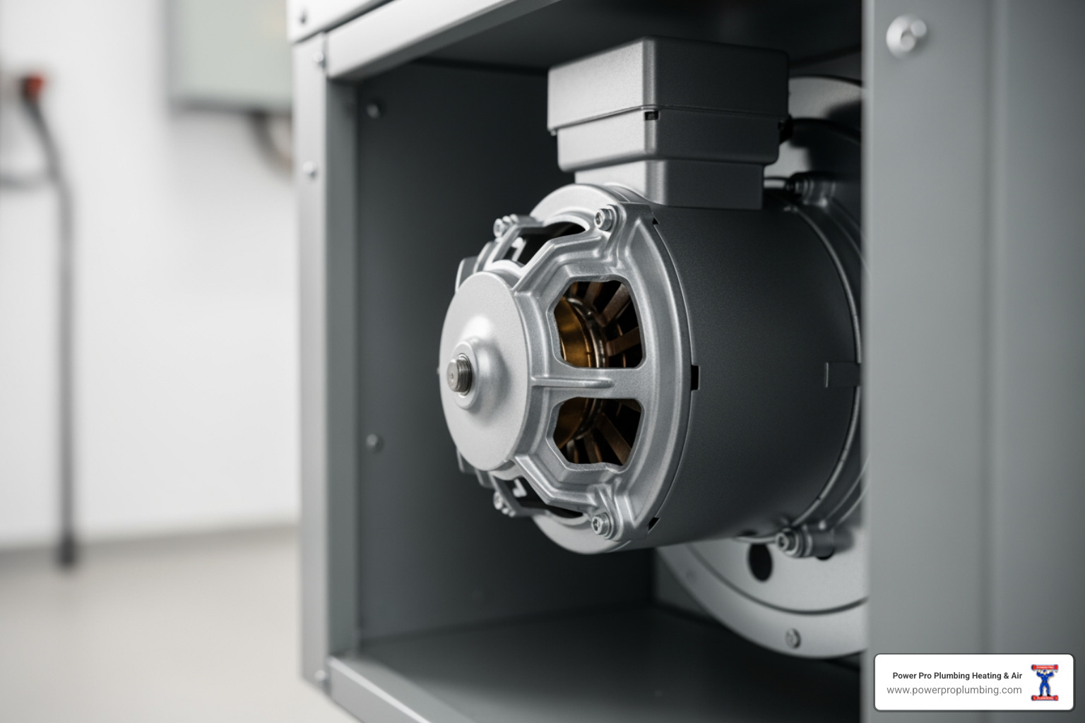 A residential gas furnace with the lower blower compartment door open, showing the blower motor and wiring inside a utility closet, real photo