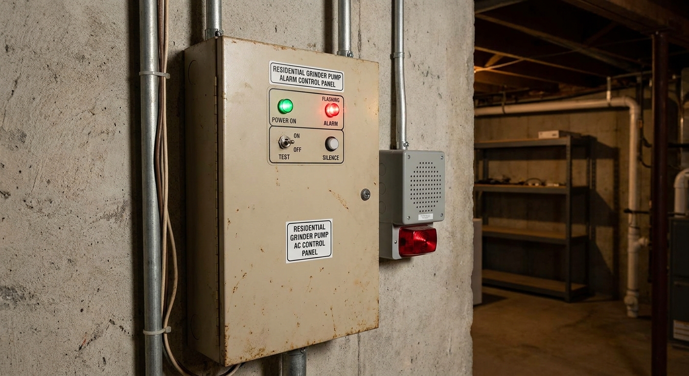 A residential grinder pump alarm control panel mounted on a basement wall with indicator lights and an audible alarm box, realistic indoor photo