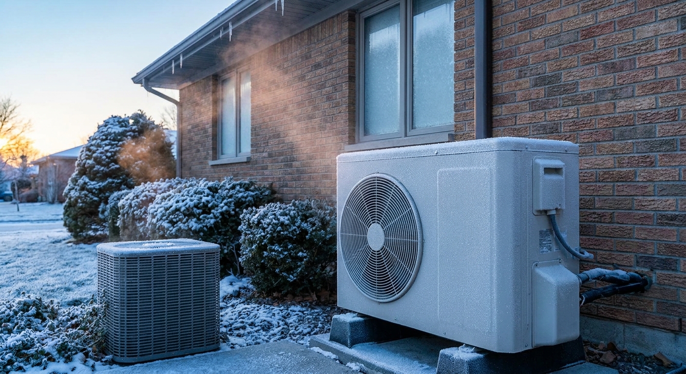 A residential heat pump outdoor unit beside a home with a light, even layer of frost on the coil during a cold winter morning