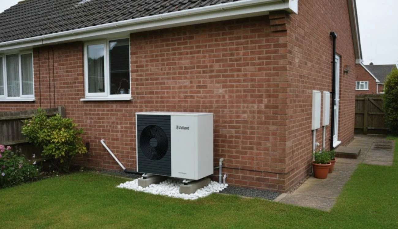 A residential heat pump outdoor unit sitting on a concrete pad next to a house on a bright summer day, real photography