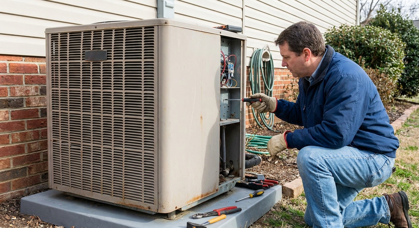 A residential heat pump outdoor unit sitting on a concrete pad beside a home, with a homeowner kneeling nearby inspecting the service panel area, real-life photography