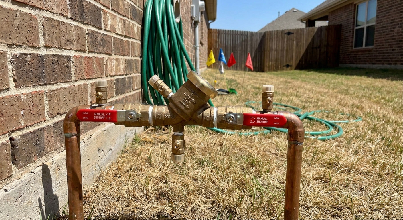 A residential irrigation backflow preventer assembly with shutoff valves and test cocks mounted in a side yard near a house, real photo