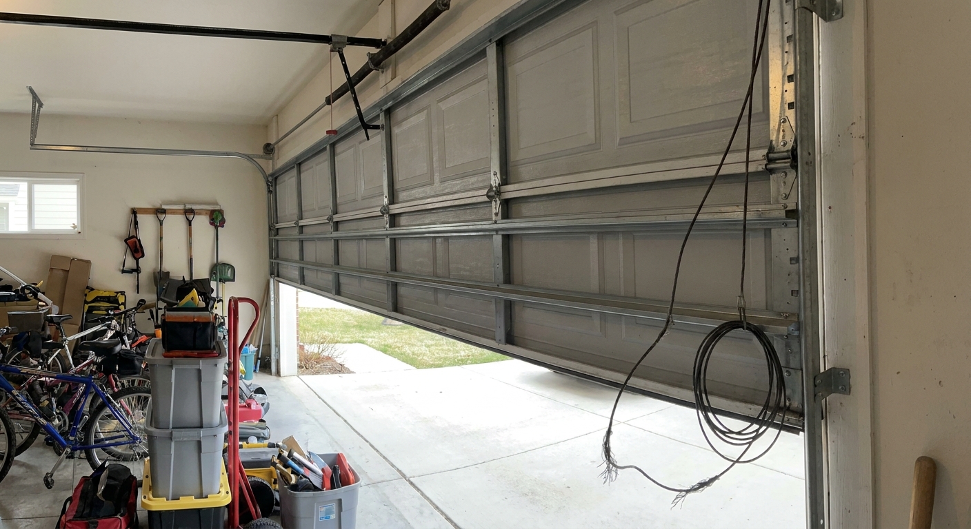 A residential sectional garage door with one lifting cable visibly slack near the bottom bracket, realistic photo inside a garage