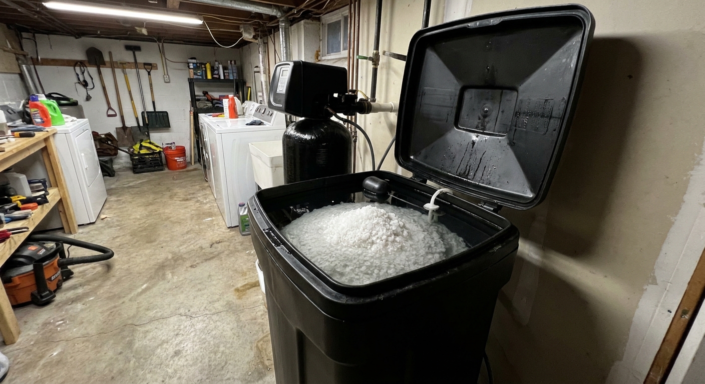 A residential water softener brine tank with the lid open, showing unusually high water level around the salt in a basement utility area