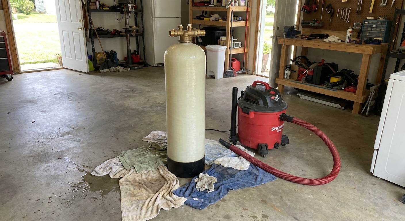 A residential water softener resin tank disconnected and standing in a garage workspace with towels and a shop vacuum nearby, real photo style