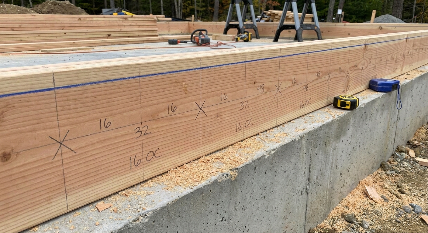 A rim board with joist layout marks measured at 16 inches on center and a chalk line snapped for reference